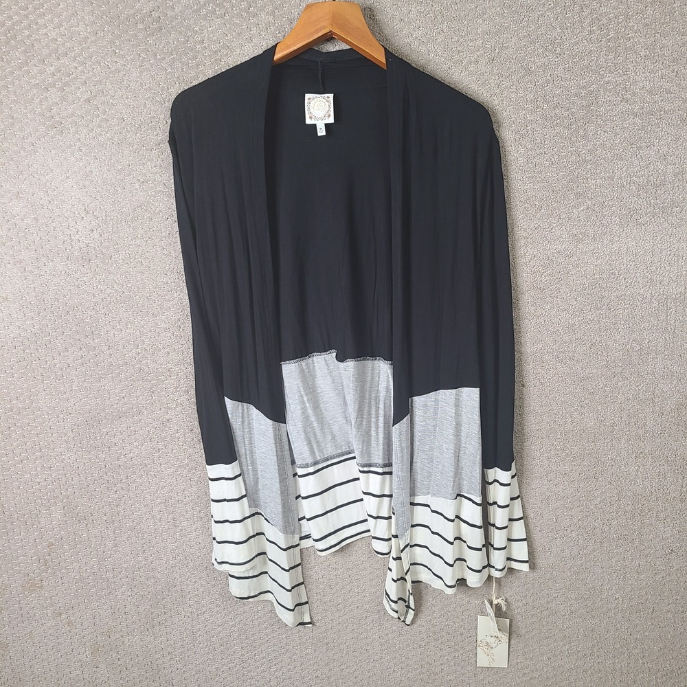 Tru Self Cardigan Women Medium Black Striped Open Front Rayon Long Sleeve Casual